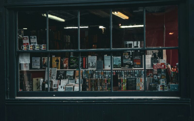 A bookshop window at night